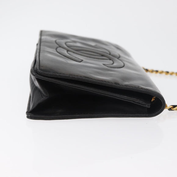 CHANEL Chain Wallet Patent leather Black Silver CC Auth bs35074