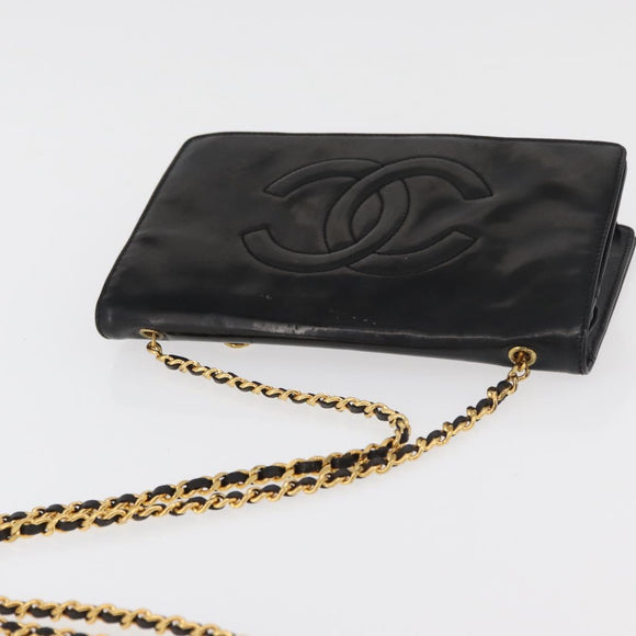 CHANEL Chain Wallet Patent leather Black Silver CC Auth bs35074