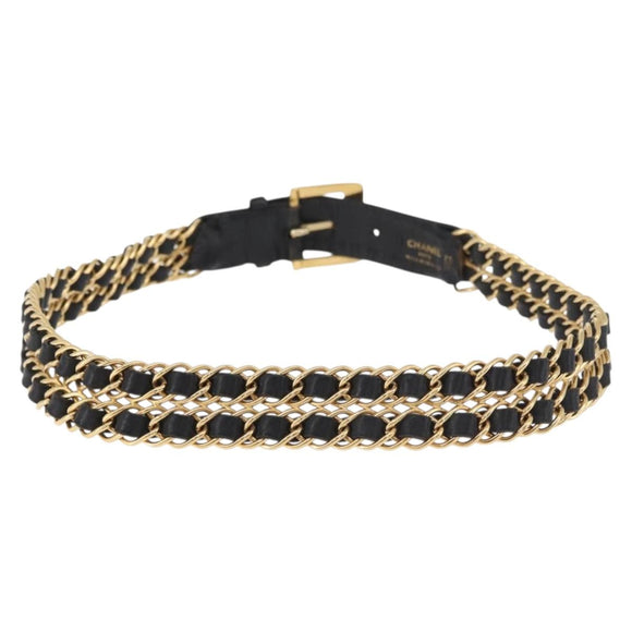 CHANEL Chain Belt Leather 29.5"" Black CC Auth bs35077