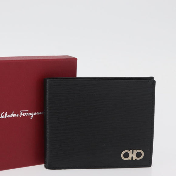Salvatore Ferragamo Gancini Bifold Wallet Leather Black Silver Auth bs35088V