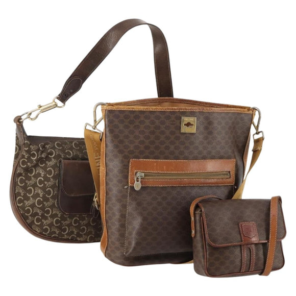 CELINE Macadam Canvas C Sulky Shoulder Bag PVC Leather 3 Set Brown Auth bs35107