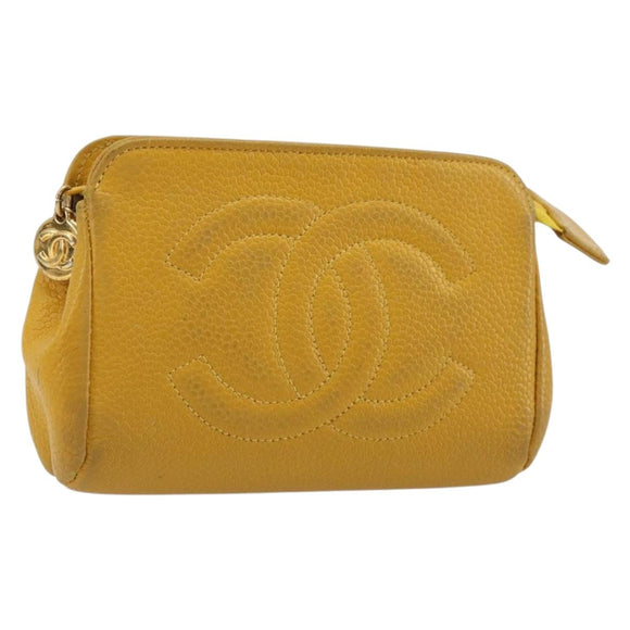 CHANEL Pouch Caviar Skin Yellow Gold CC Auth bs35112
