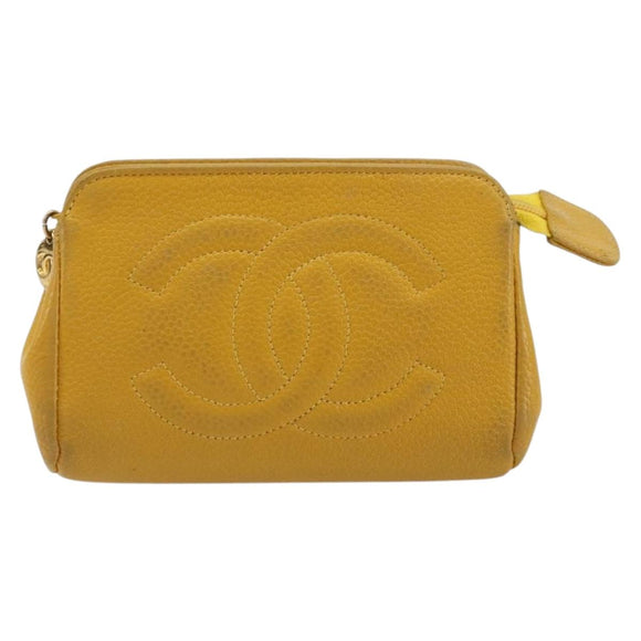 CHANEL Pouch Caviar Skin Yellow Gold CC Auth bs35112