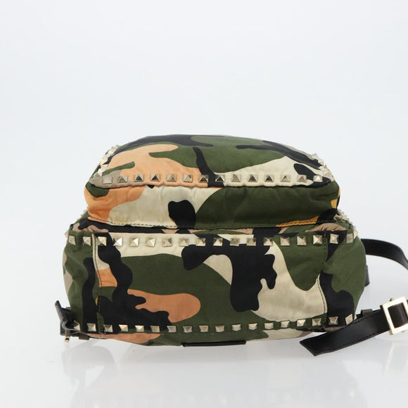 VALENTINO Studs Camouflage Rugzak Nylon Khaki Goud Auth bs35140