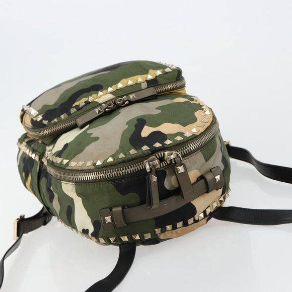 VALENTINO Studs Camouflage Rugzak Nylon Khaki Goud Auth bs35140