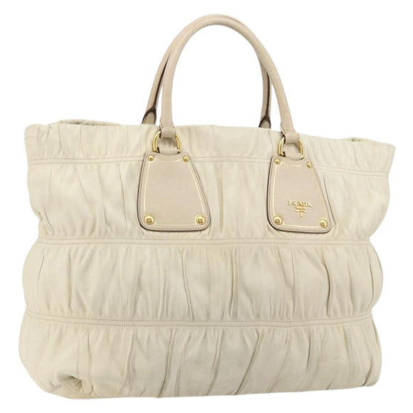 PRADA Hand Bag Leather Ivory Gold Auth bs35142