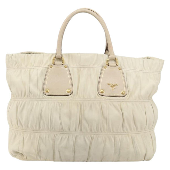 PRADA Hand Bag Leather Ivory Gold Auth bs35142