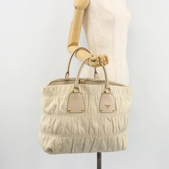 PRADA Hand Bag Leather Ivory Gold Auth bs35142