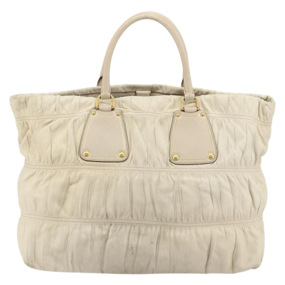 PRADA Hand Bag Leather Ivory Gold Auth bs35142