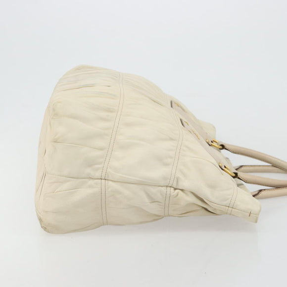 PRADA Hand Bag Leather Ivory Gold Auth bs35142