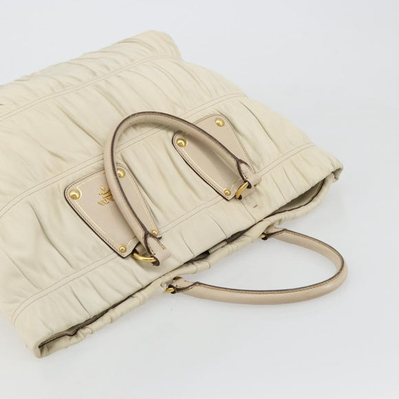 PRADA Hand Bag Leather Ivory Gold Auth bs35142