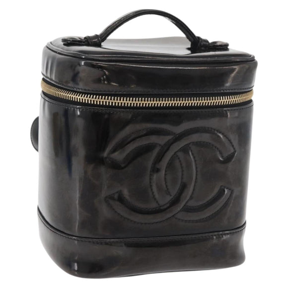 CHANEL Vanity Hand Bag Patent leather Black Gold CC Auth bs35169