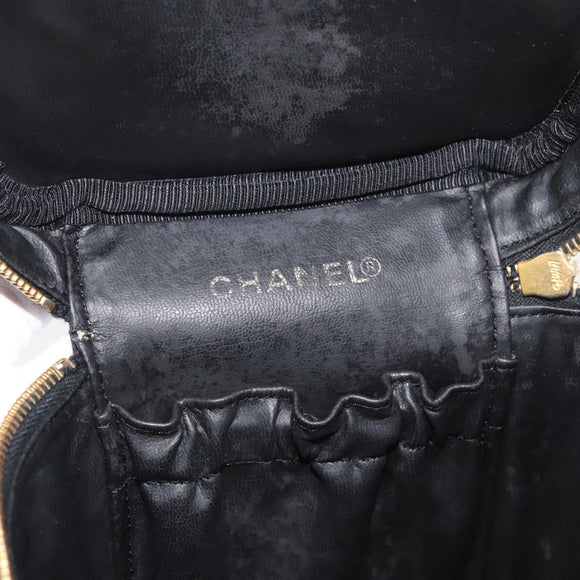 CHANEL Vanity Hand Bag Patent leather Black Gold CC Auth bs35169