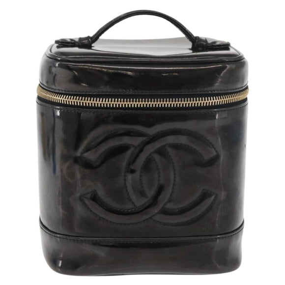 CHANEL Vanity Hand Bag Patent leather Black Gold CC Auth bs35169