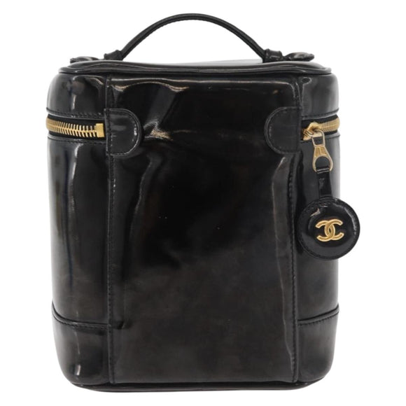 CHANEL Vanity Hand Bag Patent leather Black Gold CC Auth bs35169