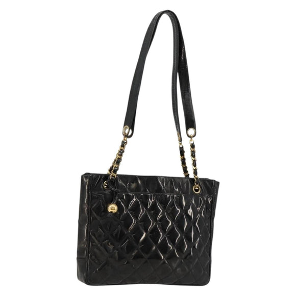 CHANEL Matelasse Chain Tote Bag Lackleder Schwarz Gold CC Auth bs35172