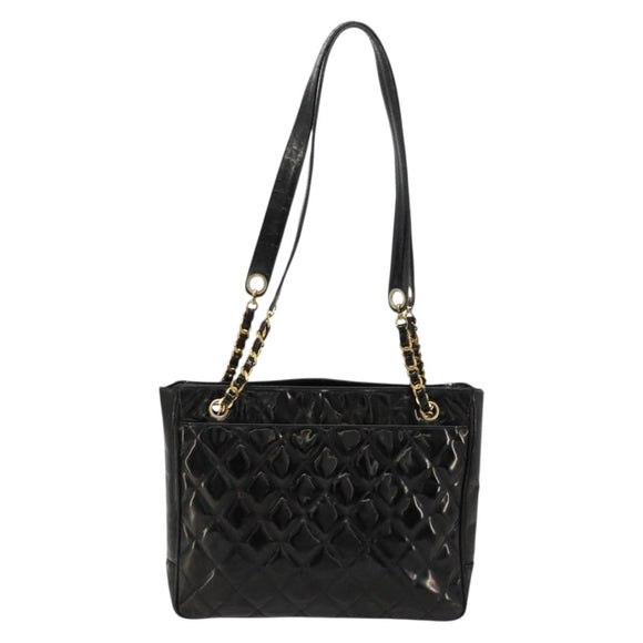 CHANEL Matelasse Chain Tote Bag Lackleder Schwarz Gold CC Auth bs35172