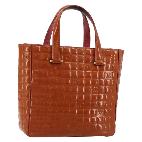CHANEL Choco Bar Hand Bag Patent leather Orange Gold CC Auth bs35178