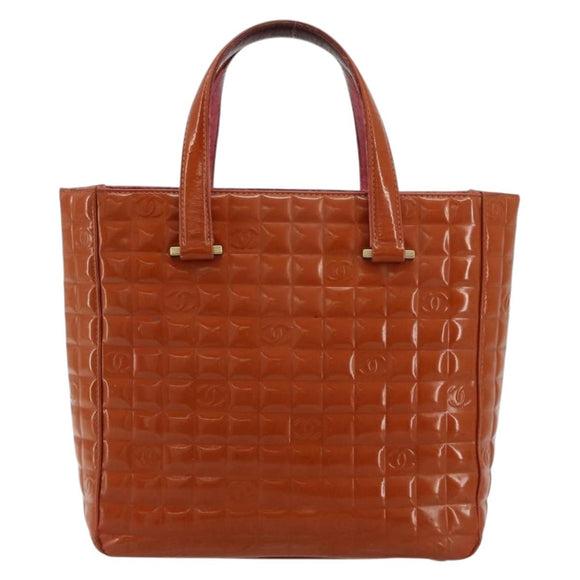 CHANEL Choco Bar Hand Bag Patent leather Orange Gold CC Auth bs35178