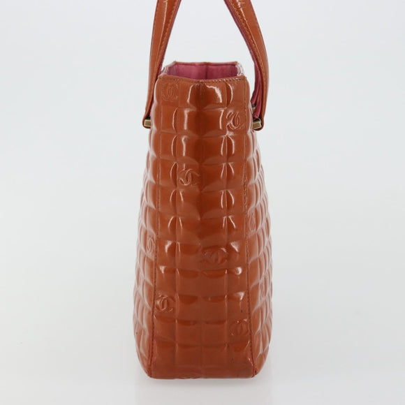 CHANEL Choco Bar Hand Bag Patent leather Orange Gold CC Auth bs35178