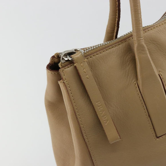 PRADA Tote Bag Leer Beige Zilver Auth bs35191