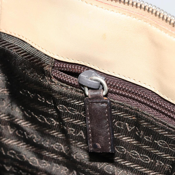 PRADA Tote Bag Leer Beige Zilver Auth bs35191