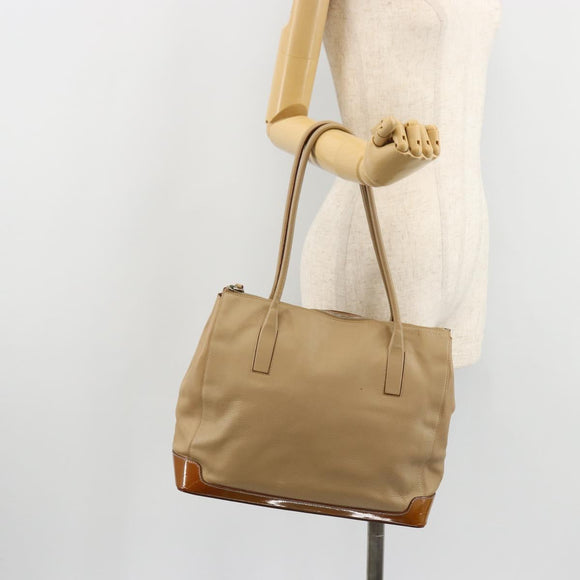 PRADA Tote Bag Leer Beige Zilver Auth bs35191