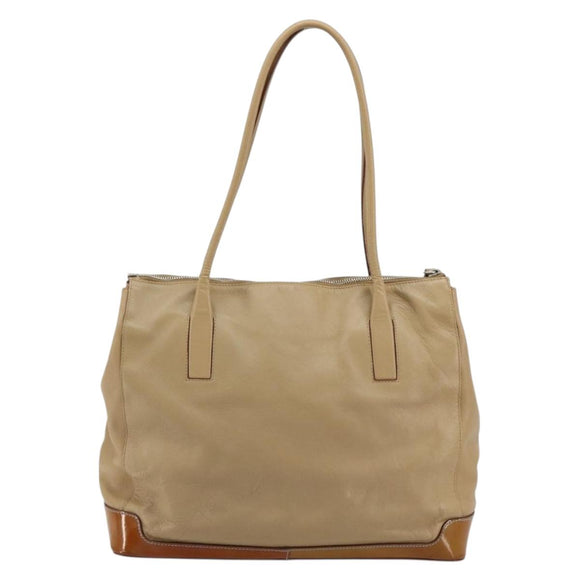 PRADA Tote Bag Leer Beige Zilver Auth bs35191