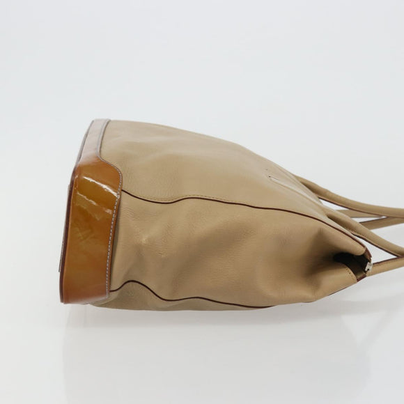 PRADA Tote Bag Leer Beige Zilver Auth bs35191