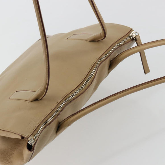 PRADA Tote Bag Leer Beige Zilver Auth bs35191