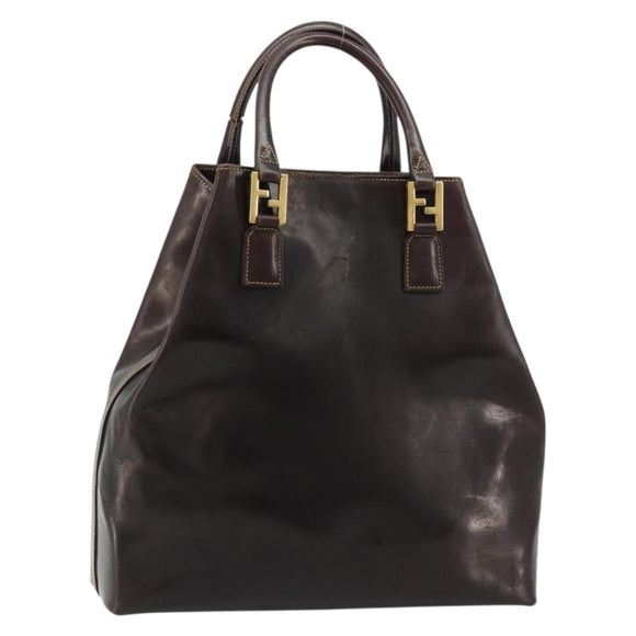 FENDI Hand Bag Leather Brown Gold Auth bs35193
