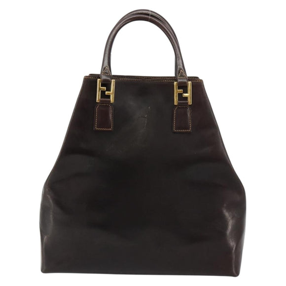 FENDI Hand Bag Leather Brown Gold Auth bs35193