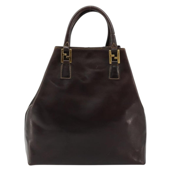 FENDI Hand Bag Leather Brown Gold Auth bs35193
