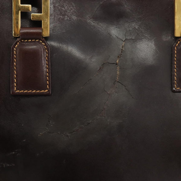 FENDI Hand Bag Leather Brown Gold Auth bs35193