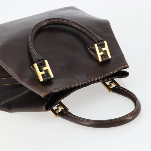 FENDI Hand Bag Leather Brown Gold Auth bs35193