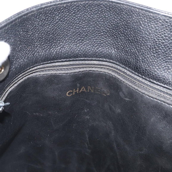 CHANEL Tote Bag Caviar Skin Black Gold CC Auth bs35194