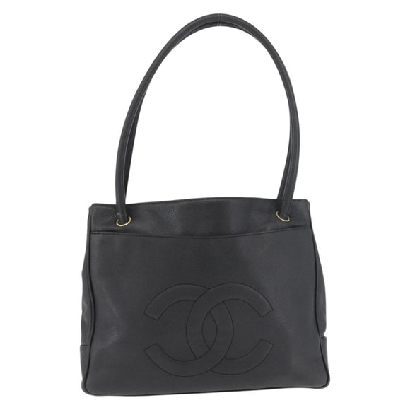 CHANEL Tote Bag Caviar Skin Black Gold CC Auth bs35194