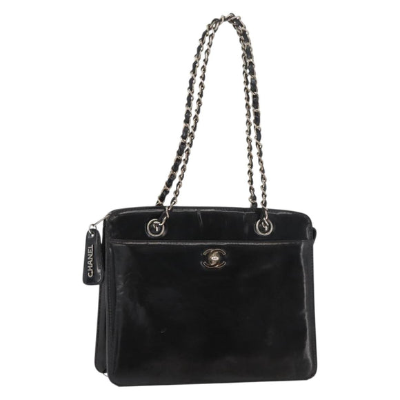 CHANEL Matelasse Chain Hand Bag Patent leather Black Silver CC Auth bs35206