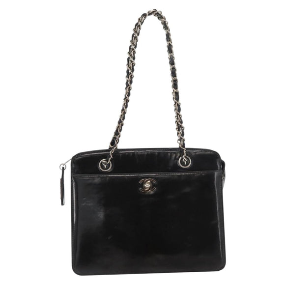 CHANEL Matelasse Chain Hand Bag Patent leather Black Silver CC Auth bs35206
