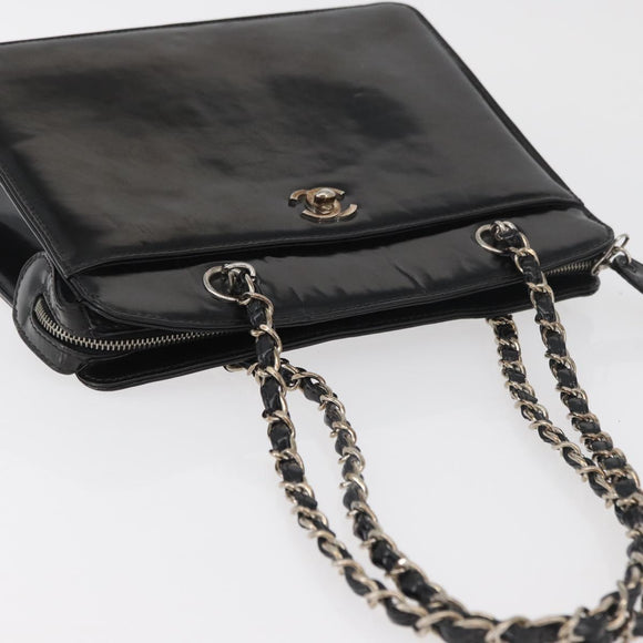 CHANEL Matelasse Chain Hand Bag Patent leather Black Silver CC Auth bs35206