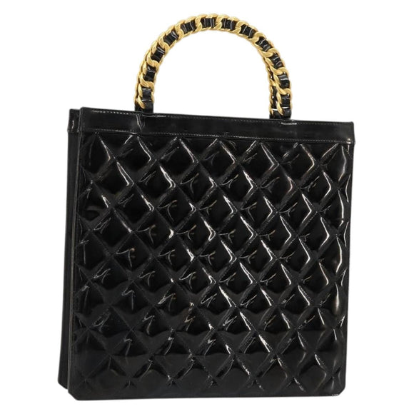 CHANEL Matelasse Chain Tote Bag Patent leather Black Gold CC Auth bs35207