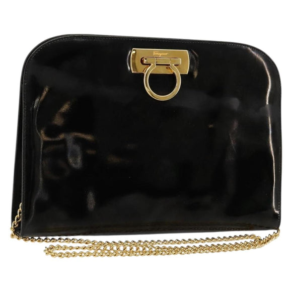 Salvatore Ferragamo Gancini Chain Bag Patent leather Black Gold Auth bs35209