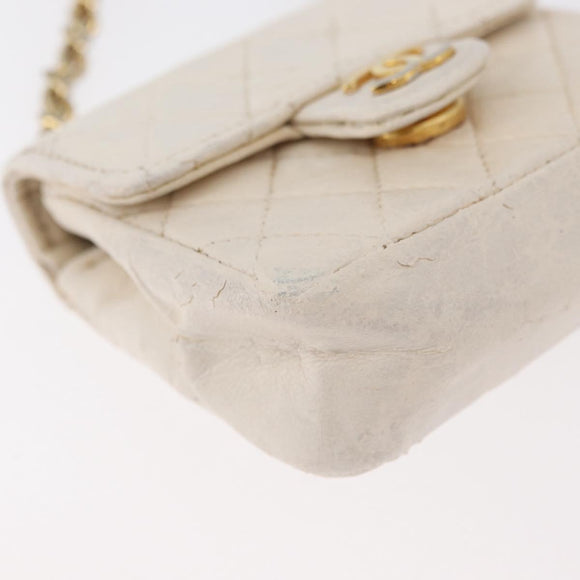 CHANEL Mini Mini Matelasse Chain Pouch Lamb Skin White Gold CC Auth bs35212