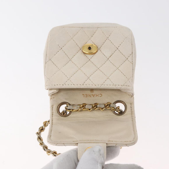 CHANEL Mini Mini Matelasse Chain Pouch Lamb Skin White Gold CC Auth bs35212