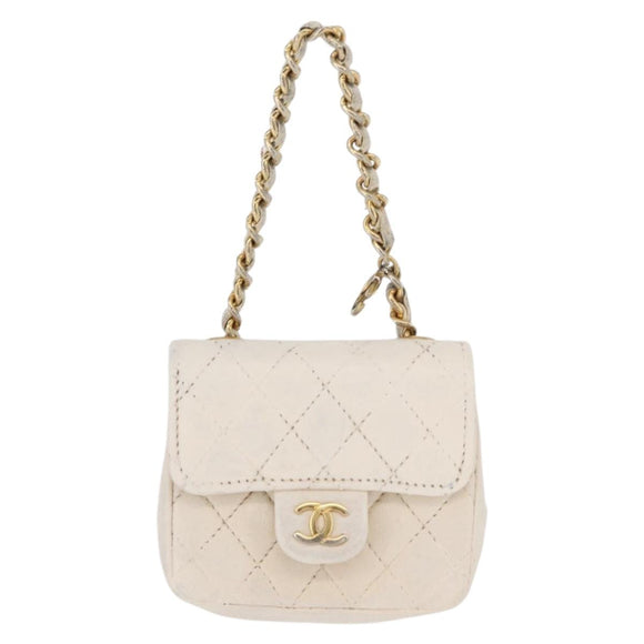 CHANEL Mini Mini Matelasse Chain Pouch Lamb Skin White Gold CC Auth bs35212