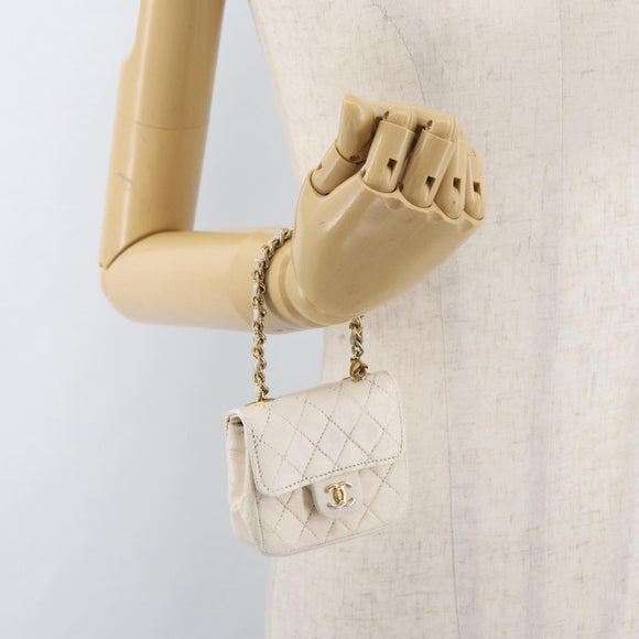 CHANEL Mini Mini Matelasse Chain Pouch Lamb Skin White Gold CC Auth bs35212
