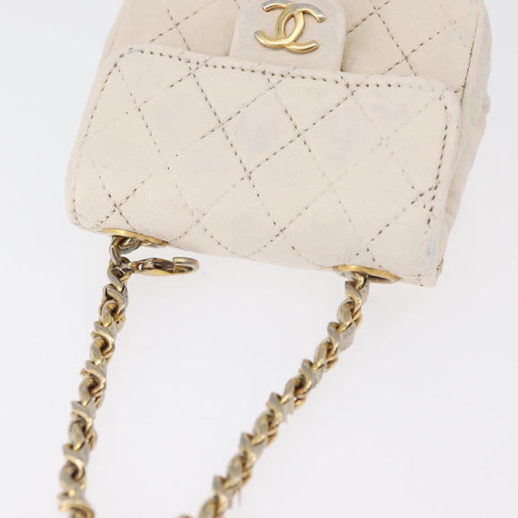 CHANEL Mini Mini Matelasse Chain Pouch Lamb Skin White Gold CC Auth bs35212