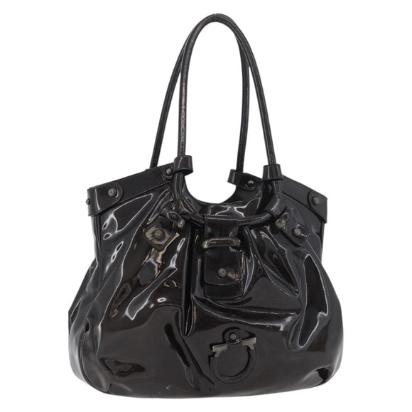 Salvatore Ferragamo Gancini Hand Bag Patent leather Dark Brown Auth bs35239