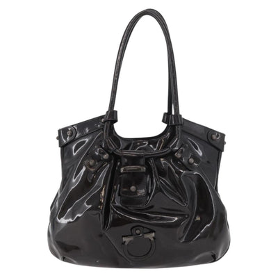 Salvatore Ferragamo Gancini Hand Bag Patent leather Dark Brown Auth bs35239 - 0