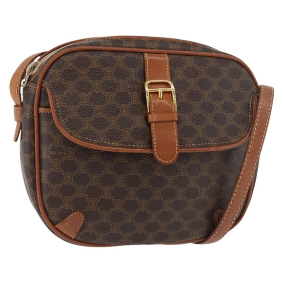 CELINE Macadam Canvas Umhängetasche PVC Leder Braun Gold Auth bs35244